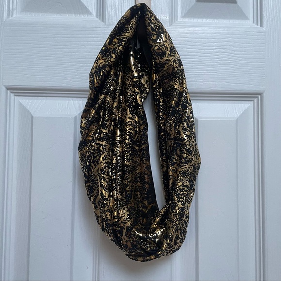Black and Metallic Gold Print Infinity Circle Scarf Handmade by Local Artisan - Picture 6 of 10